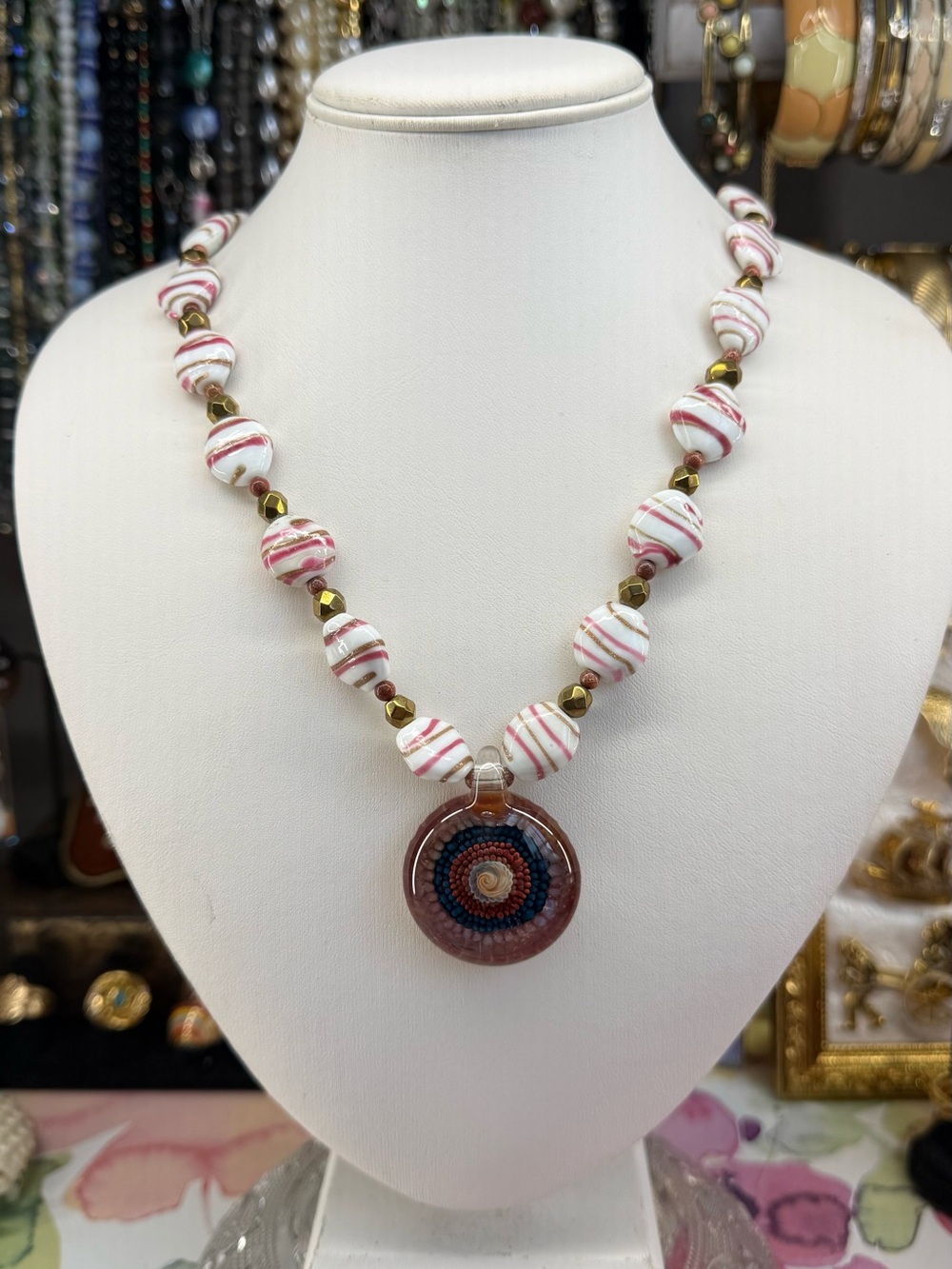 Artisan Handcrafted Pink & White Milk Glass Beaded Glass Pendant Necklace